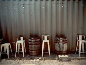 Barrels and sitting area at Walking Stick 